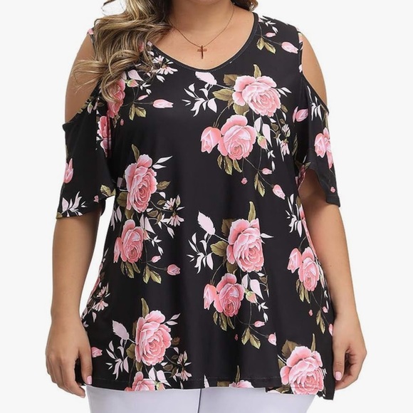 ALLEGRACE - Rose Black Floral Cold Shoulder Top - Picture 5 of 7